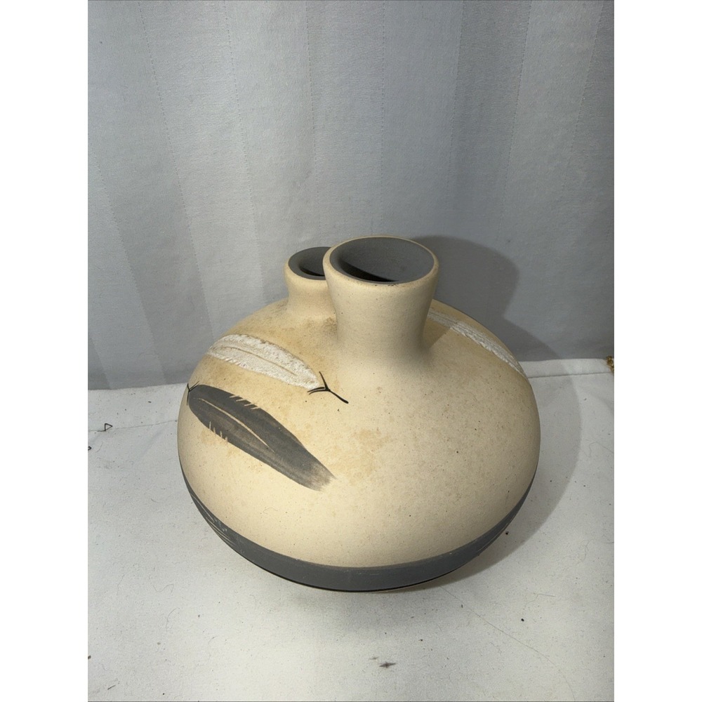 Desert‎ Pueblo Hand Painted Stoneware Pottery Blue Feather Low Duel Vase #8
